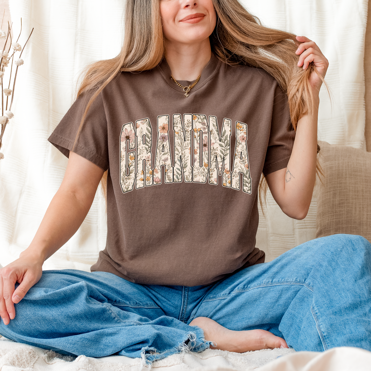 Grandma Floral Graphic Tee - Espresso