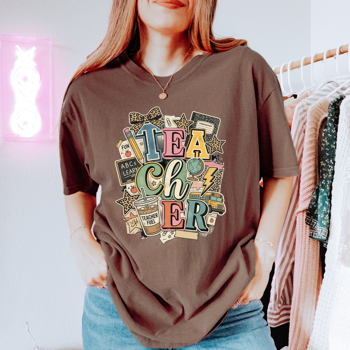 Teacher Collage Graphic Tee - Espresso