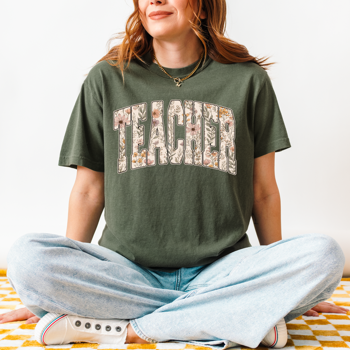 Floral Teacher Graphic Tee - Moss